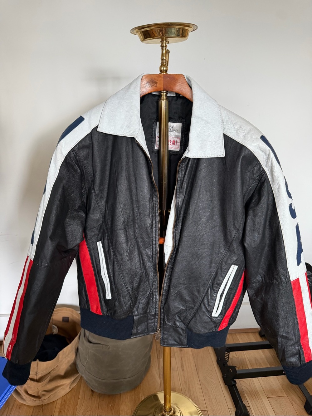 Men's USA Leather Bomber Jacket with White & Red Accents